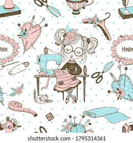 Seamless pattern with cute little dressmaker and sewing accessories. Vector.