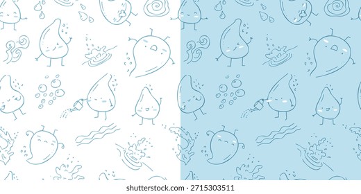 Seamless pattern of cute little droplets in kawaii style. A mascot with a heart, smiling, meditating, playful and joyful.