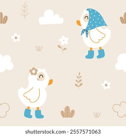 Seamless pattern of cute little ducks wearing head scarf, boots ,with cloud, leaves and flowers on light brown background for baby textiles, apparel, nursery decor, gift wrapping paper.