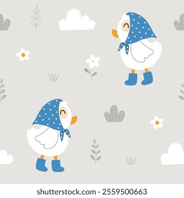 Seamless pattern of cute little ducks wearing head scarf, boots ,with cloud, leaves and flowers on gray background for baby textiles, apparel, nursery decor, gift wrapping paper.