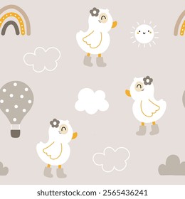 Seamless pattern of cute little ducks wearing boots with cloud, hot air balloons, sun and rainbow on light brown background for baby textiles, apparel, nursery decor, gift wrapping paper.