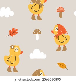 Seamless pattern of cute little ducks wearing head scarf,  boots with cloud, mushroom and autumn leaves on light brown background for baby textiles, apparel, nursery decor, gift wrapping paper.