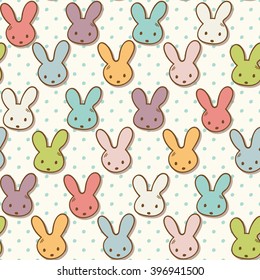 Seamless pattern with cute little Easter rabbits and polka dots, cartoon style. Vintage pastel colors. Colorful bunny background for textile, wallpapers, wrapping, kids clothes. Vector illustration.