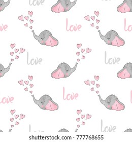 Seamless pattern with cute little elephants and hearts. Love background for kids. Baby print.