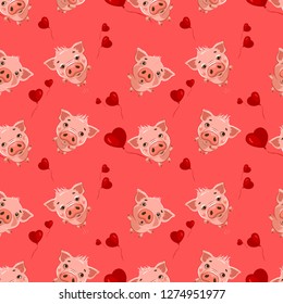 Seamless pattern with cute little emoji pigs and a hearts.  Vector  seamless pattern for Valentine's Day.