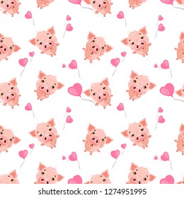 Seamless pattern with cute little emoji pigs and a hearts.  Vector  seamless pattern for Valentine's Day.