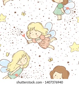 Seamless pattern with cute little fairies