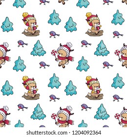 Seamless pattern with cute little fawn in doodle style. Christmas vector background.