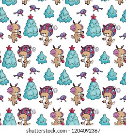 Seamless pattern with cute little fawn in doodle style. Christmas vector background.