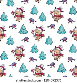 Seamless pattern with cute little fawn in doodle style. Christmas vector background.