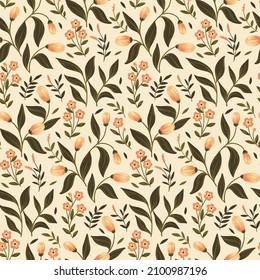 Seamless pattern with cute little flowers, twigs, leaves on a white background. Pretty floral print with small pink flowers, berries, various leaves. Modern floral background. Simple vector design.