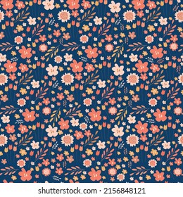 Seamless pattern of cute little flowers. Summer vector illustration on a dark blue background.