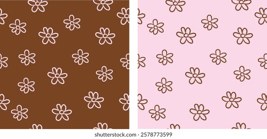 Seamless pattern of cute little flowers with crayon edge. Crayon drawing pink flowers on brown background with another color variation. Vector chalk background.