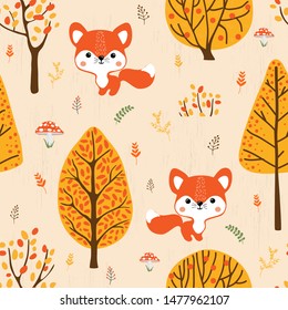 Seamless pattern of cute  little  Fox in  and autumn trees, flat design vector illustration