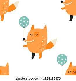 Nahtloses Muster. Kleiner Fuchs mit Ballon. Vektorgrafik für Kinderdesign. Füchse Muster für Babybekleidung, Wickelpapier.
