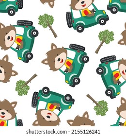 Seamless pattern of cute little fox driving a car go to forest funny animal cartoon,vector illustration. Vector illustration. T-Shirt Design for children. Design elements for kids.