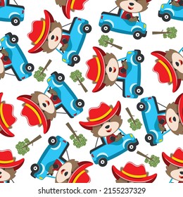 Seamless pattern of cute little fox driving a car go to forest funny animal cartoon,vector illustration. Vector illustration. T-Shirt Design for children. Design elements for kids.