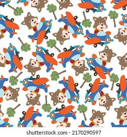 Seamless pattern of Cute little fox flying on a airplane. funny animal cartoon. Creative vector childish background for fabric textile, nursery wallpaper, poster, brochure. and other decoration.