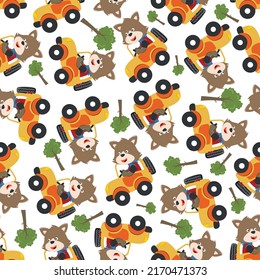 Seamless pattern of cute little fox driving a car go to forest funny animal cartoon,vector illustration. Vector illustration. T-Shirt Design for children. Design elements for kids.