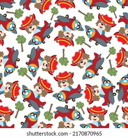 Seamless pattern of Cute little fox flying on a airplane. funny animal cartoon. Creative vector childish background for fabric textile, nursery wallpaper, poster, brochure. and other decoration.