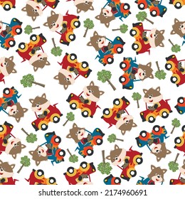 Seamless pattern of cute little fox driving a car go to forest funny animal cartoon,vector illustration. Vector illustration. T-Shirt Design for children. Design elements for kids.