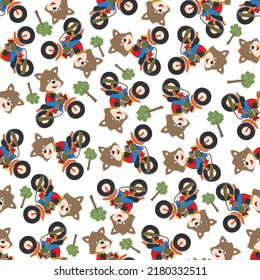 Seamless pattern of cute little fox ride a motorcycle, Can be used for t-shirt print, kids wear fashion design, invitation card. fabric, textile, nursery wallpaper, poster and other decoration.