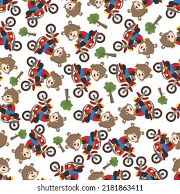 Seamless pattern of cute little fox ride a motorcycle, Can be used for t-shirt print, kids wear fashion design, invitation card. fabric, textile, nursery wallpaper, poster and other decoration.