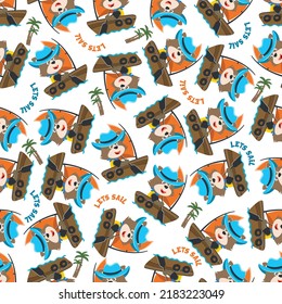 Seamless pattern with cute little fox the sailor, Cute Marine pattern for fabric, baby clothes, background, textile, wrapping paper and other decoration.