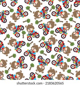 Seamless pattern of cute little fox ride a motorcycle, Can be used for t-shirt print, kids wear fashion design, invitation card. fabric, textile, nursery wallpaper, poster and other decoration.