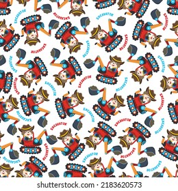 Seamless pattern of Cute little fox on excavator. Can be used for t-shirt print, kids wear fashion design, print for t-shirts, baby clothes, poster. and other decoration.