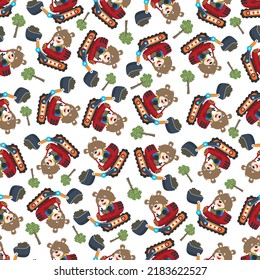 Seamless pattern of Cute little fox on excavator. Can be used for t-shirt print, kids wear fashion design, print for t-shirts, baby clothes, poster. and other decoration.