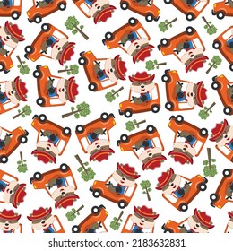 Seamless pattern of cute little FOX driving a car go to forest funny animal cartoon,vector illustration. Vector illustration. T-Shirt Design for children. Design elements for kids.