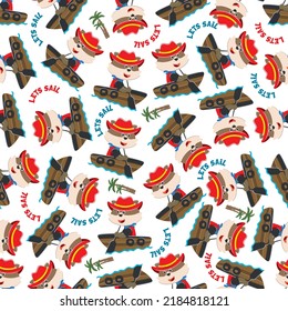 Seamless pattern with cute little fox the sailor, Cute Marine pattern for fabric, baby clothes, background, textile, wrapping paper and other decoration.