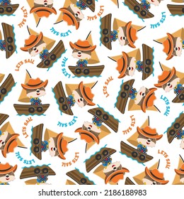 Seamless pattern with cute little fox the sailor, Cute Marine pattern for fabric, baby clothes, background, textile, wrapping paper and other decoration.