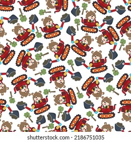 Seamless pattern of Cute little fox on excavator. Can be used for t-shirt print, kids wear fashion design, print for t-shirts, baby clothes, poster. and other decoration.