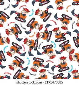 Seamless pattern of Cute little fox on excavator. Can be used for t-shirt print, kids wear fashion design, print for t-shirts, baby clothes, poster. and other decoration.