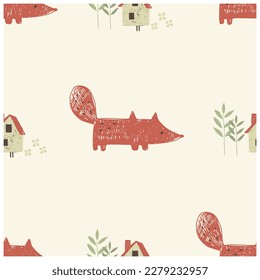 Seamless pattern with cute little fox. Hand drawn vector illustration. For kids and baby's.