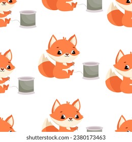 Seamless pattern with cute little fox with sewing accessories. Vector.