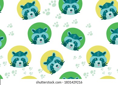 Seamless pattern with cute little funny racoon. Print for wrapping paper. Cover children books textile cloth. Vector flat illustration cartoon. Design t shirt. Animal pulls paws, laughs. Babies linens