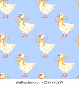 Seamless pattern with cute little geese with a bow