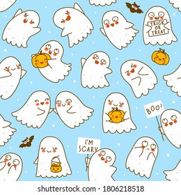 Seamless pattern with cute little ghosts with pumpkins and bats on blue background - cartoon background for funny Halloween textile or wrapping paper design
