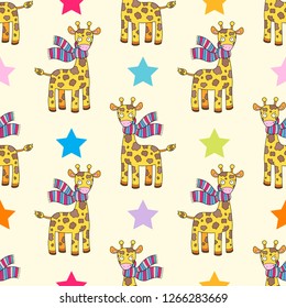 Seamless pattern with cute little giraffe with the scarf vector illustration. Colorful stars.