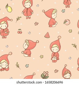 Seamless pattern with cute little girl/ elf and gnome collection