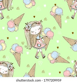 Seamless pattern with a cute little girl with ice cream on a green background. Vector.