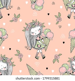 Seamless pattern with a cute little girl with ice cream in a waffle Cup. Vector