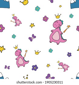 Seamless pattern with cute little girl dinosaur. Princess. Children's illustration, seamless pattern.
