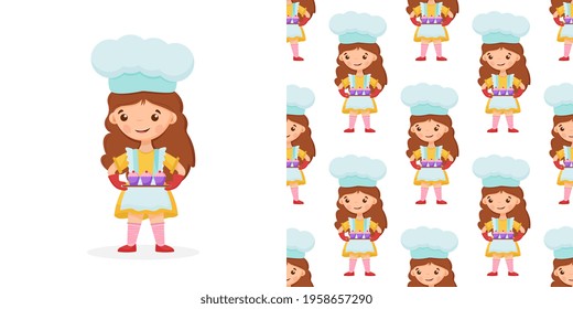 Seamless pattern cute little girl holds a cupcakes on the tray. 