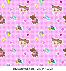 seamless pattern with cute little girl, bear and other toys, and pink polka dots background