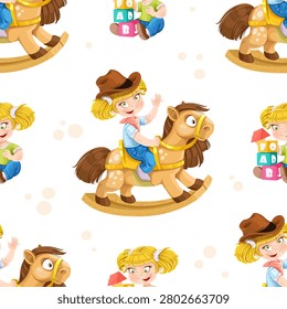 Seamless pattern with cute little girl sits on the toy rocking horse and playing with blocks