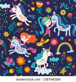 Seamless pattern with cute little girls and unicorns on a dark background.
